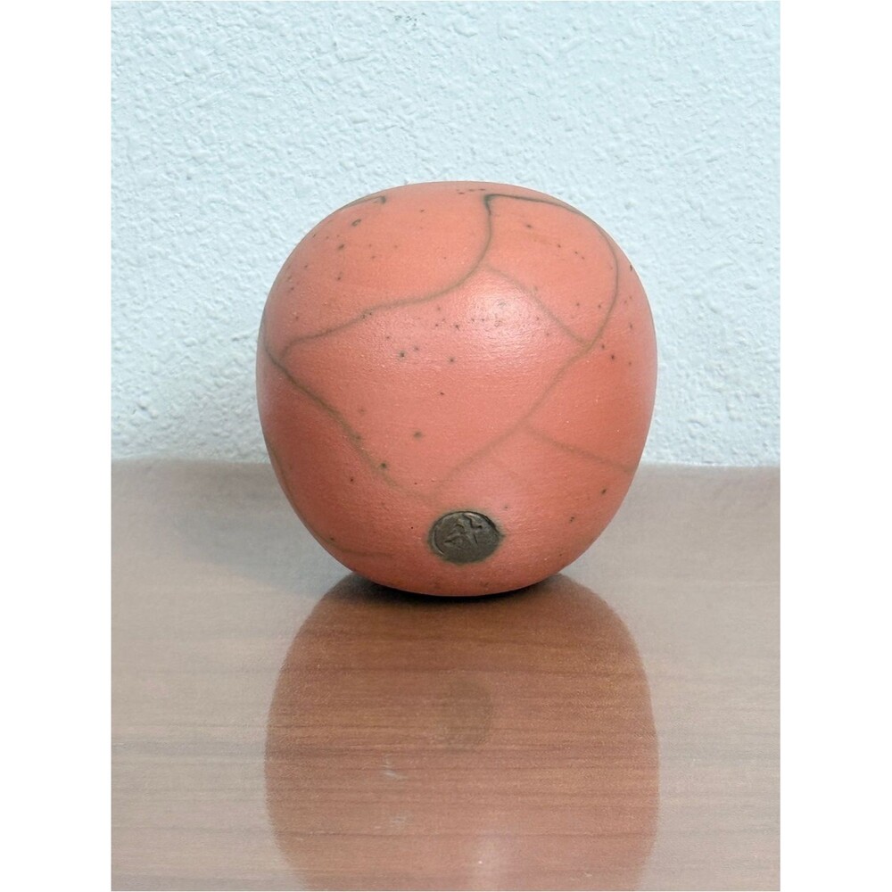 Handmade Artisan Decorative Orb Pottery Signed Orange & Brown 4.5 inch